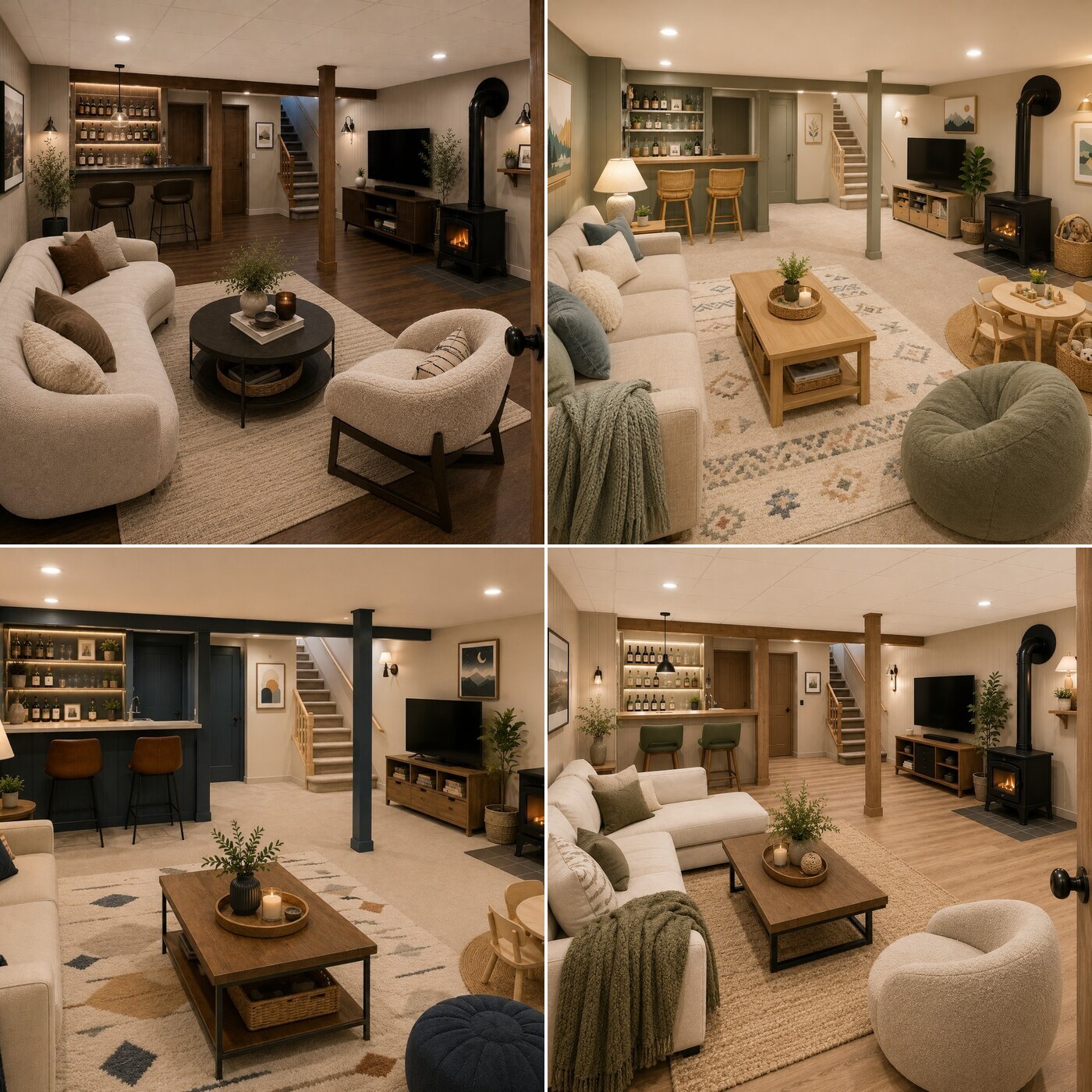 Sous-sol transformé en 4 styles modernes